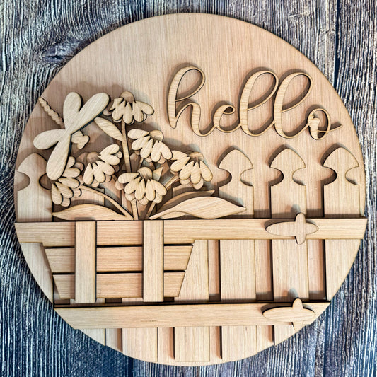 Hello Fence Dragonfly Daisy Spring Door Hanger Blank