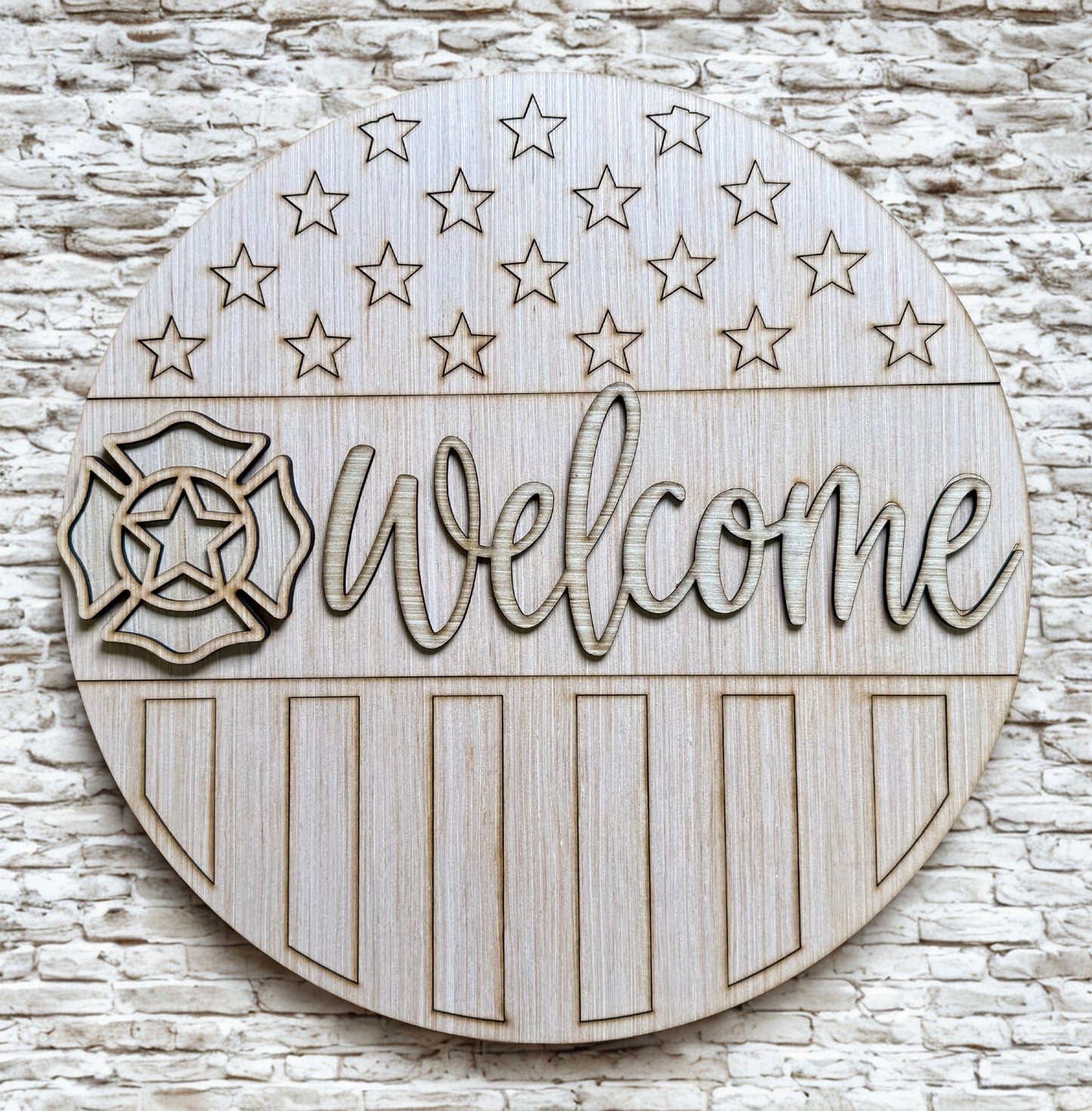 Firefighter America Flag Welcome Wood Door Hanger Blank