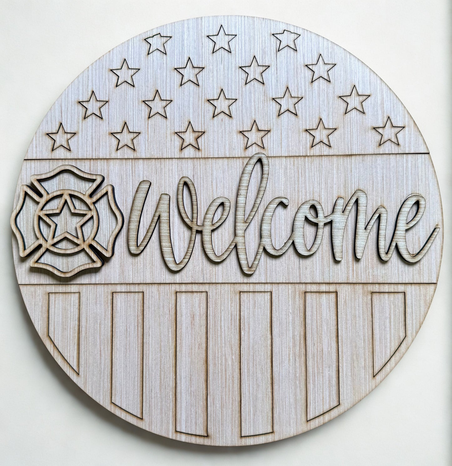 Firefighter America Flag Welcome Wood Door Hanger Blank
