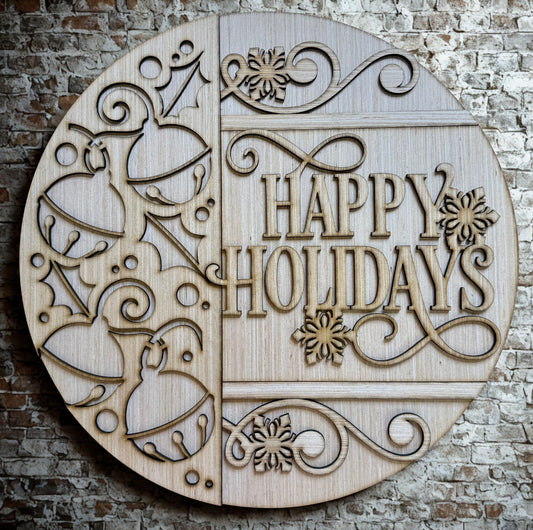 Happy Holidays Bells and Holly Merry Christmas Round Blank