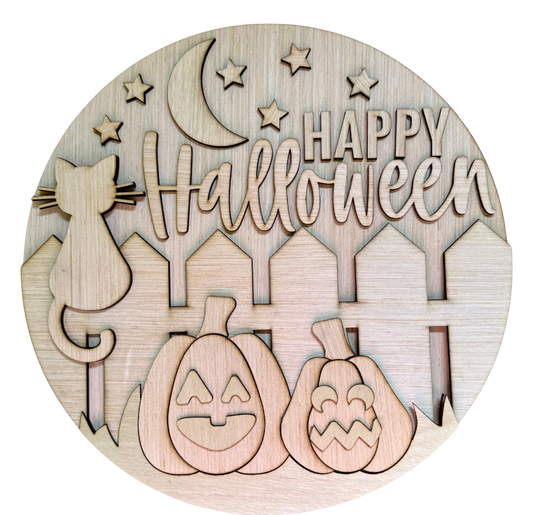 Happy Halloween Cat Fence Wood Door Hanger Blank