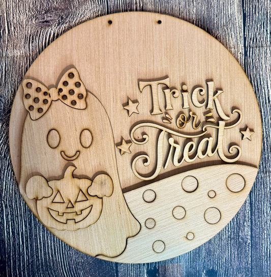 Trick or Treat Ghost Halloween Wood Door Hanger Blank