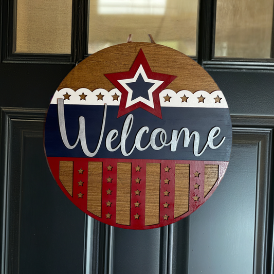 America Flag Patriotic Welcome Wood Door Hanger