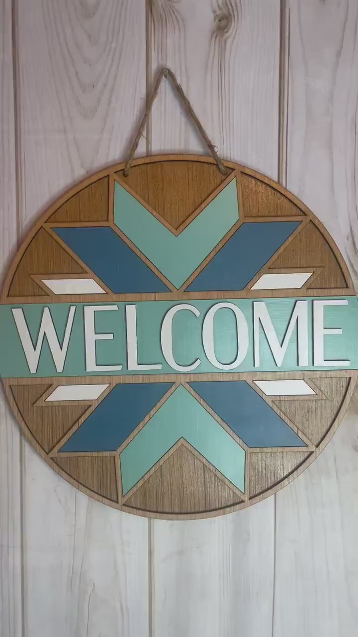 Boho Quilt Welcome Wood Door Hanger