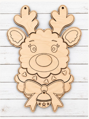 Reindeer with Bell Wood Door Hanger Blank