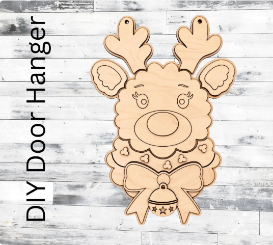 Reindeer with Bell Wood Door Hanger Blank