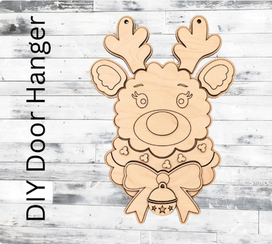Reindeer with Bell Wood Door Hanger Blank
