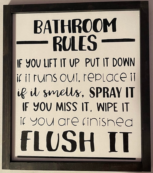 Bathroom Rules Sign - Framed Wood Sign