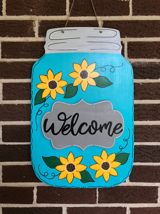 Sunflower Welcome Mason Jar Door Hanger