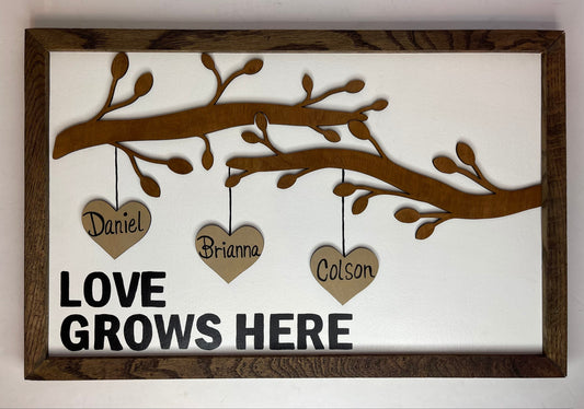 Love Grows Here - Family Tree Sign - Home Decor - Wood Framed Sign - Family Name Sign - Personalized Decor