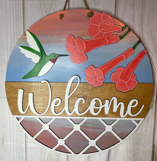 Hummingbird Welcome Wood Door Hanger