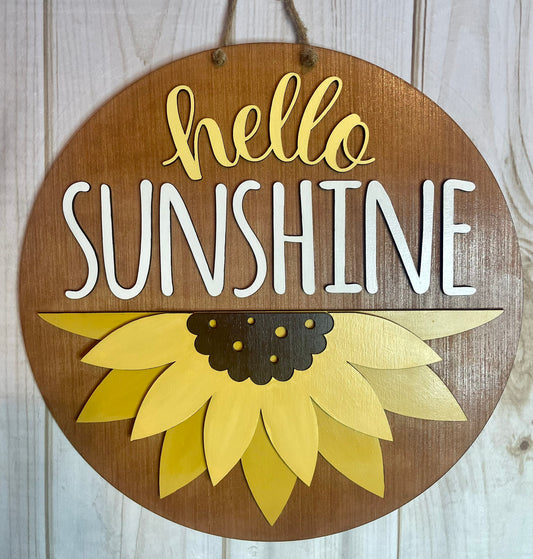 Hello Sunshine Sunflower Door Hanger - Wood Door Hanger - Everyday Door Decor