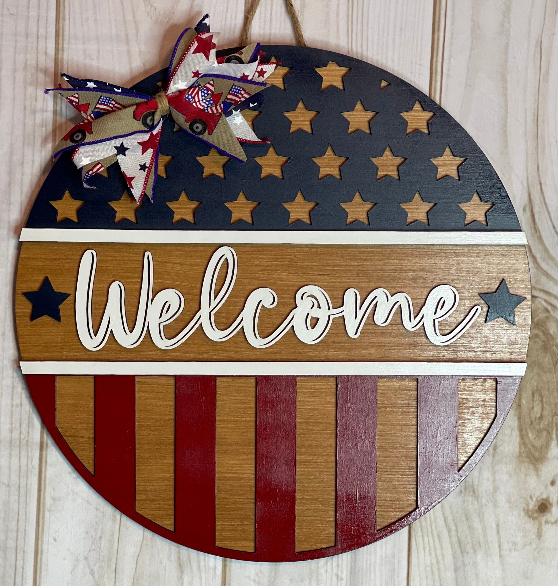 Welcome America Flag Door Hanger - Fourth of July Sign - Patriotic Door Decor