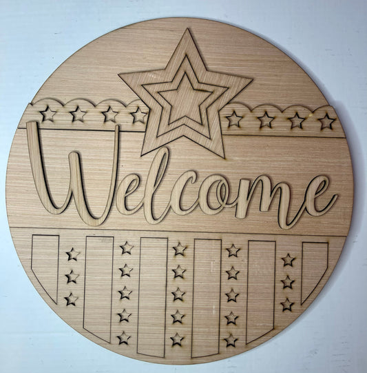 America Flag Welcome - Patriotic Door Hanger Blank - Unfinished - DIY Craft- Craft Supply