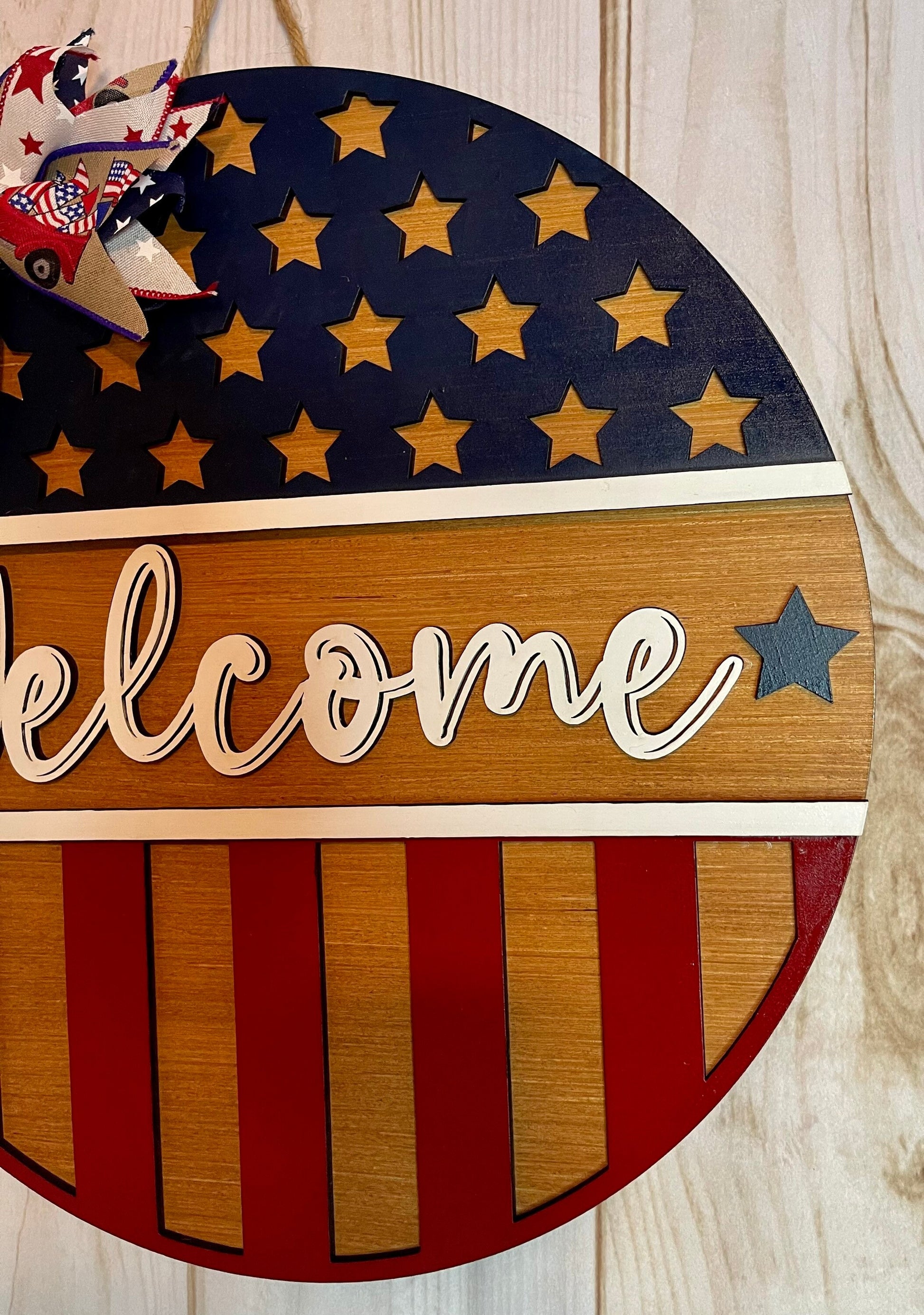 Welcome America Flag Door Hanger - Fourth of July Sign - Patriotic Door Decor