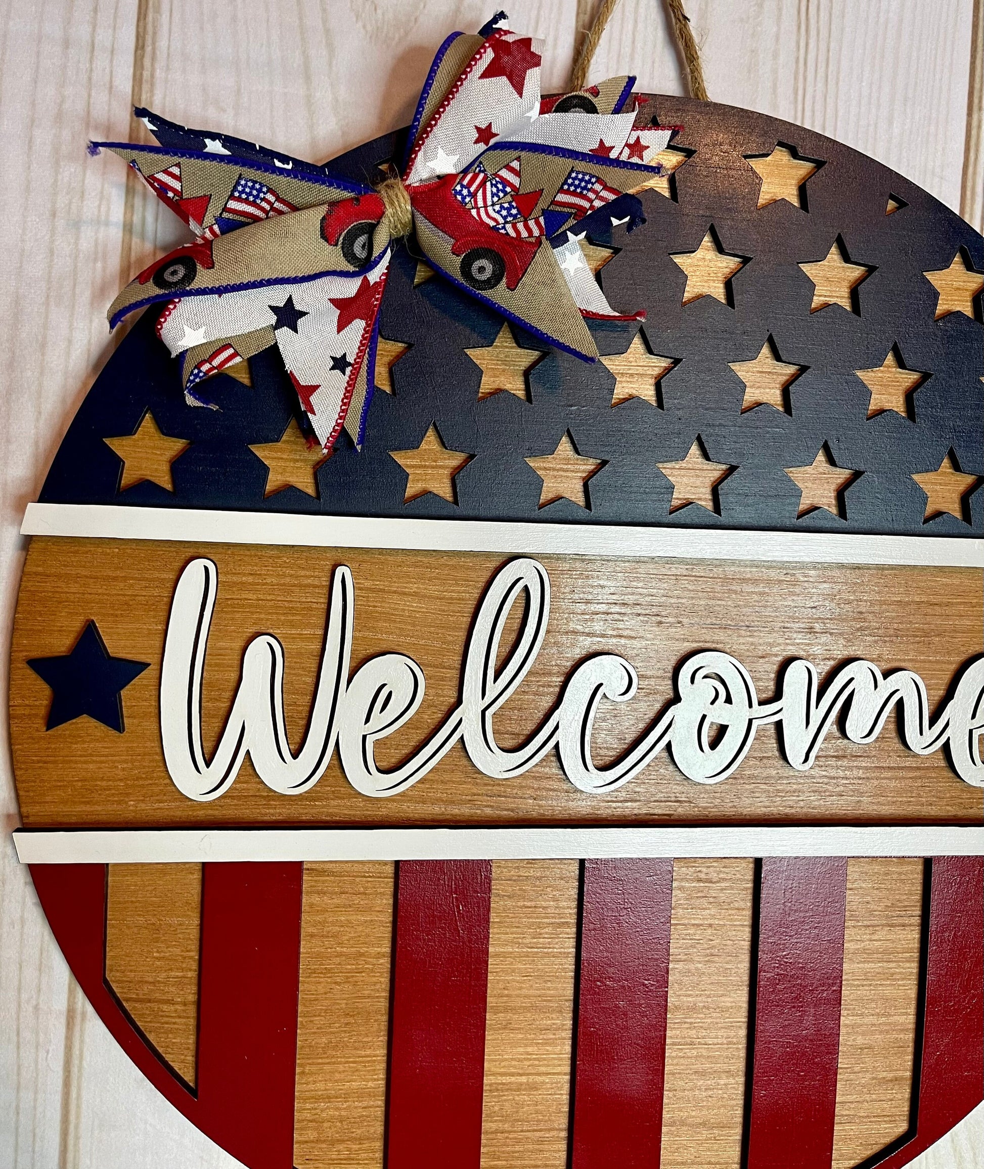 Welcome America Flag Door Hanger - Fourth of July Sign - Patriotic Door Decor