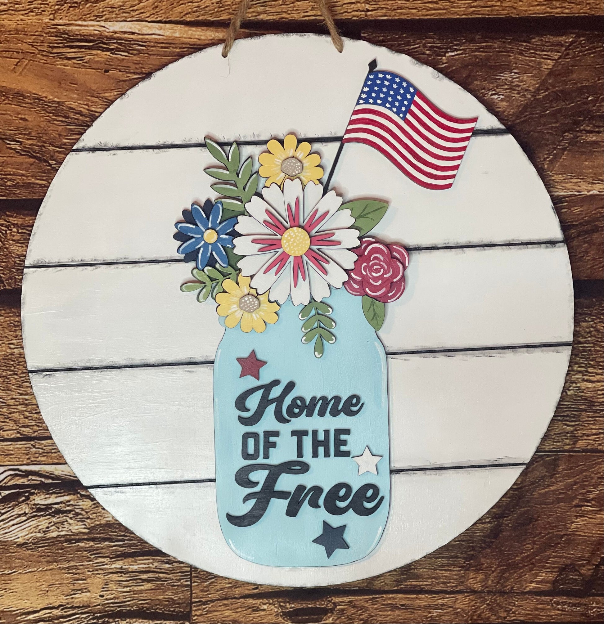 Home of the Free Mason Jar Patriotic Wood Door Hanger