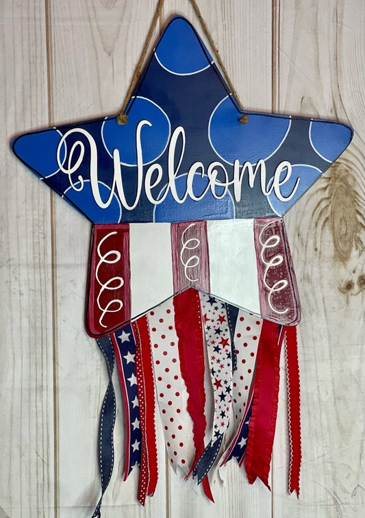 American Flag Patriotic Star Welcome Wood Door Hanger