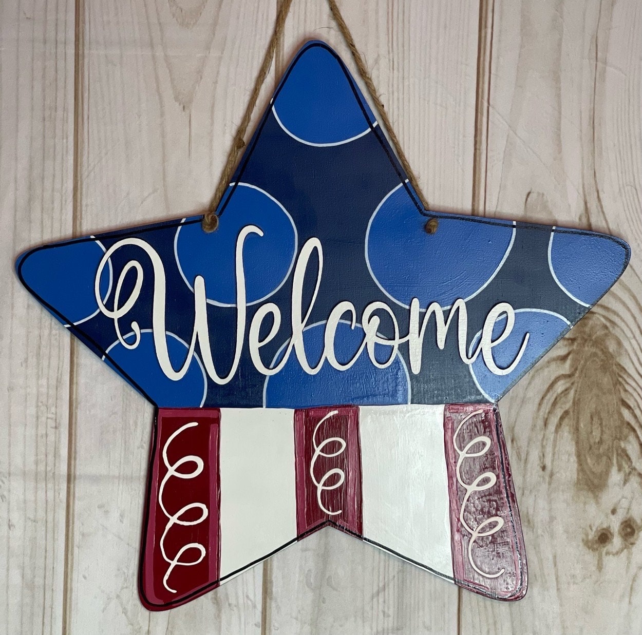 American Flag Patriotic Star Welcome Wood Door Hanger