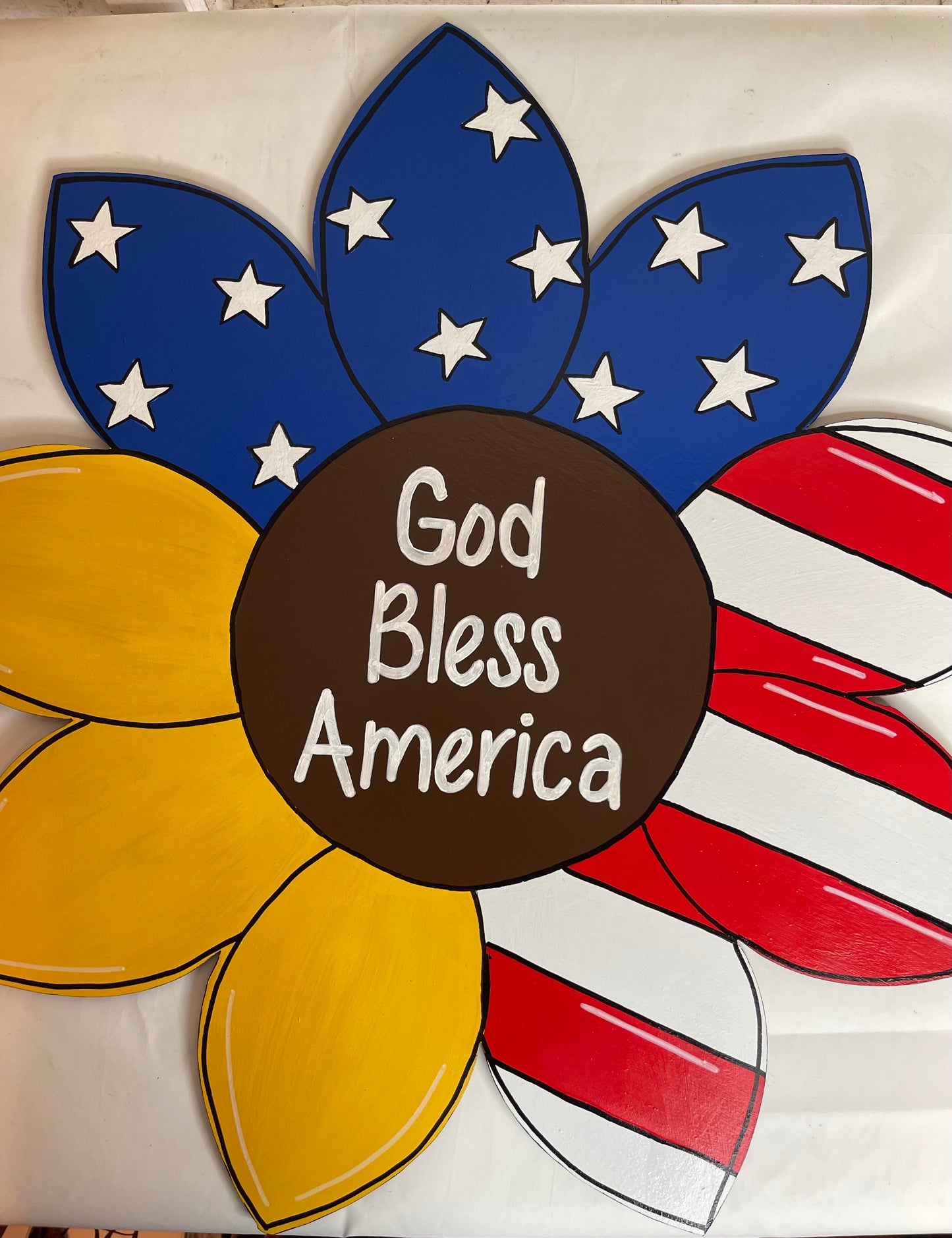 American Flag Sunflower Patriotic Wood Door Hanger