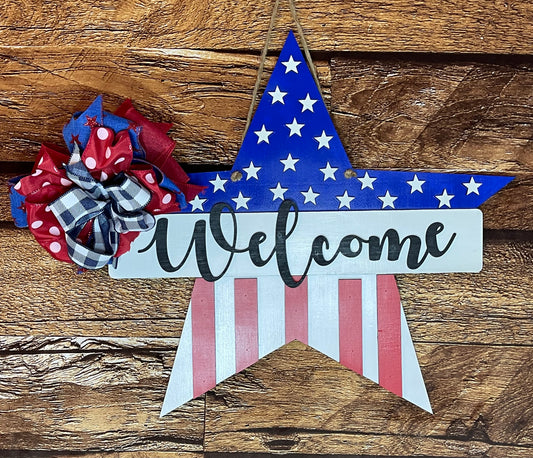 Patriotic Star Welcome Wood Door Hanger