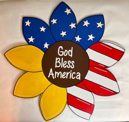American Flag Sunflower Patriotic Wood Door Hanger