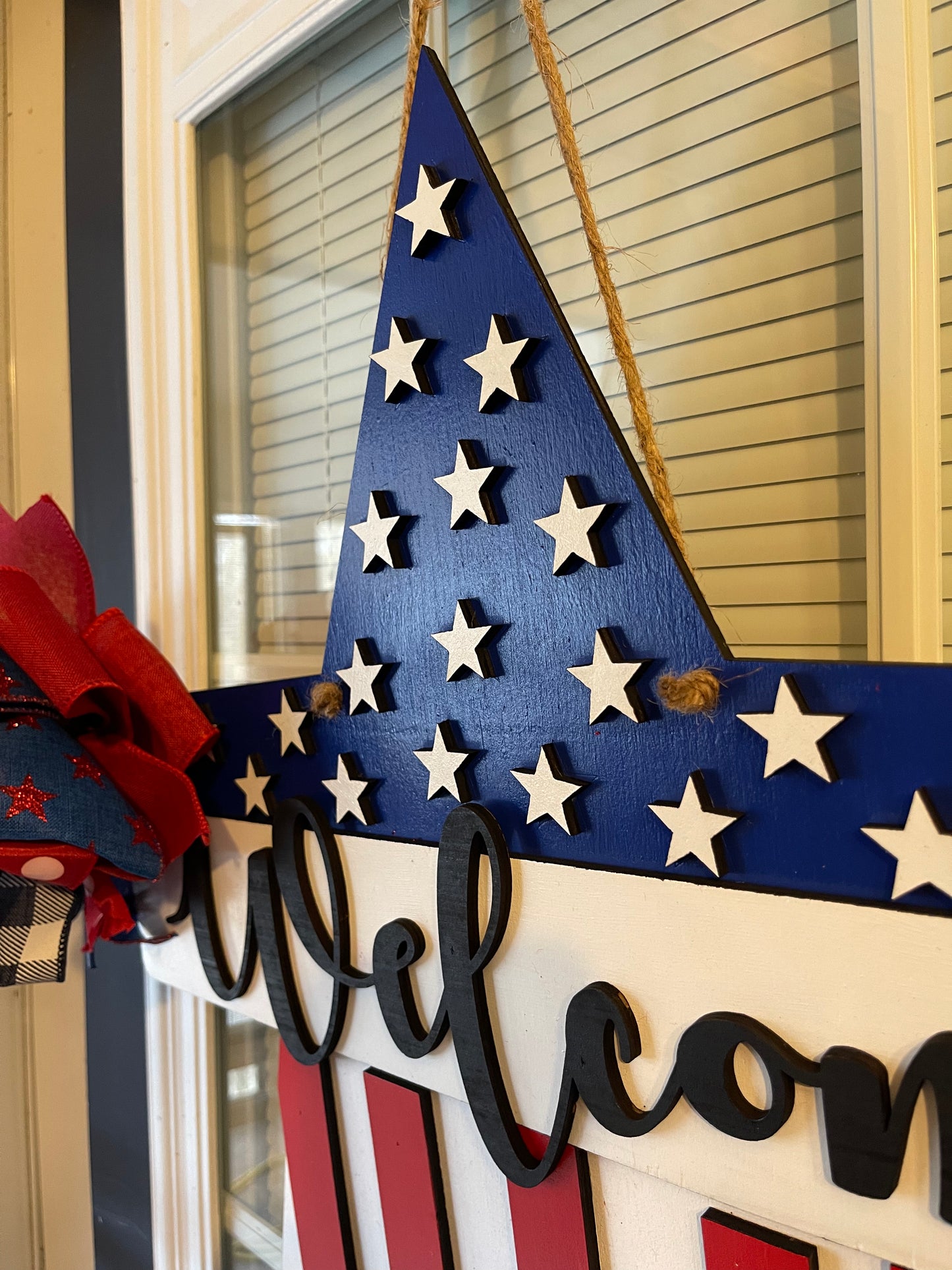 Patriotic Star Welcome Wood Door Hanger