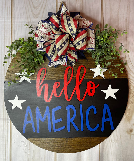 Hello America Round Patriotic Wood Door Hanger